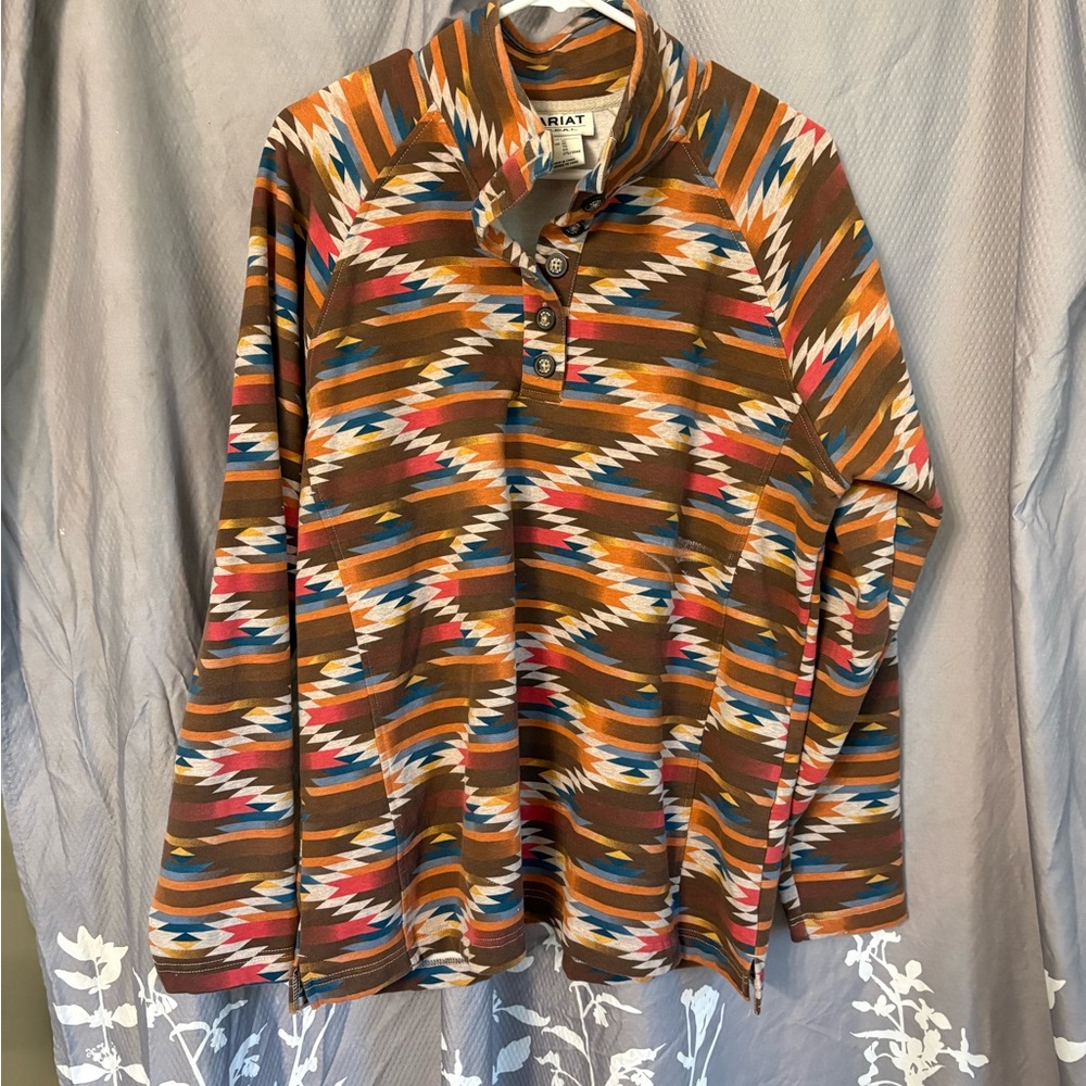 Ariat Southwestern Henley Pullover in Brown, Orange, Blue